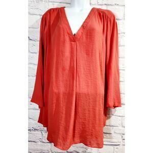 A.N.A Orange V Neck Pleated Shoulders Top 2X Plus Lightweight Flowy Soft